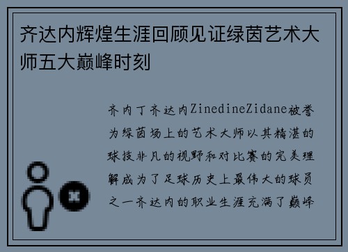 齐达内辉煌生涯回顾见证绿茵艺术大师五大巅峰时刻